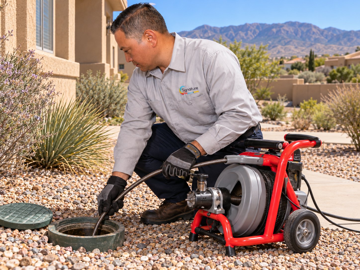 Signature plumber clearing a sewer line cleanout at a Rio Rancho home with a drain cleaning machine