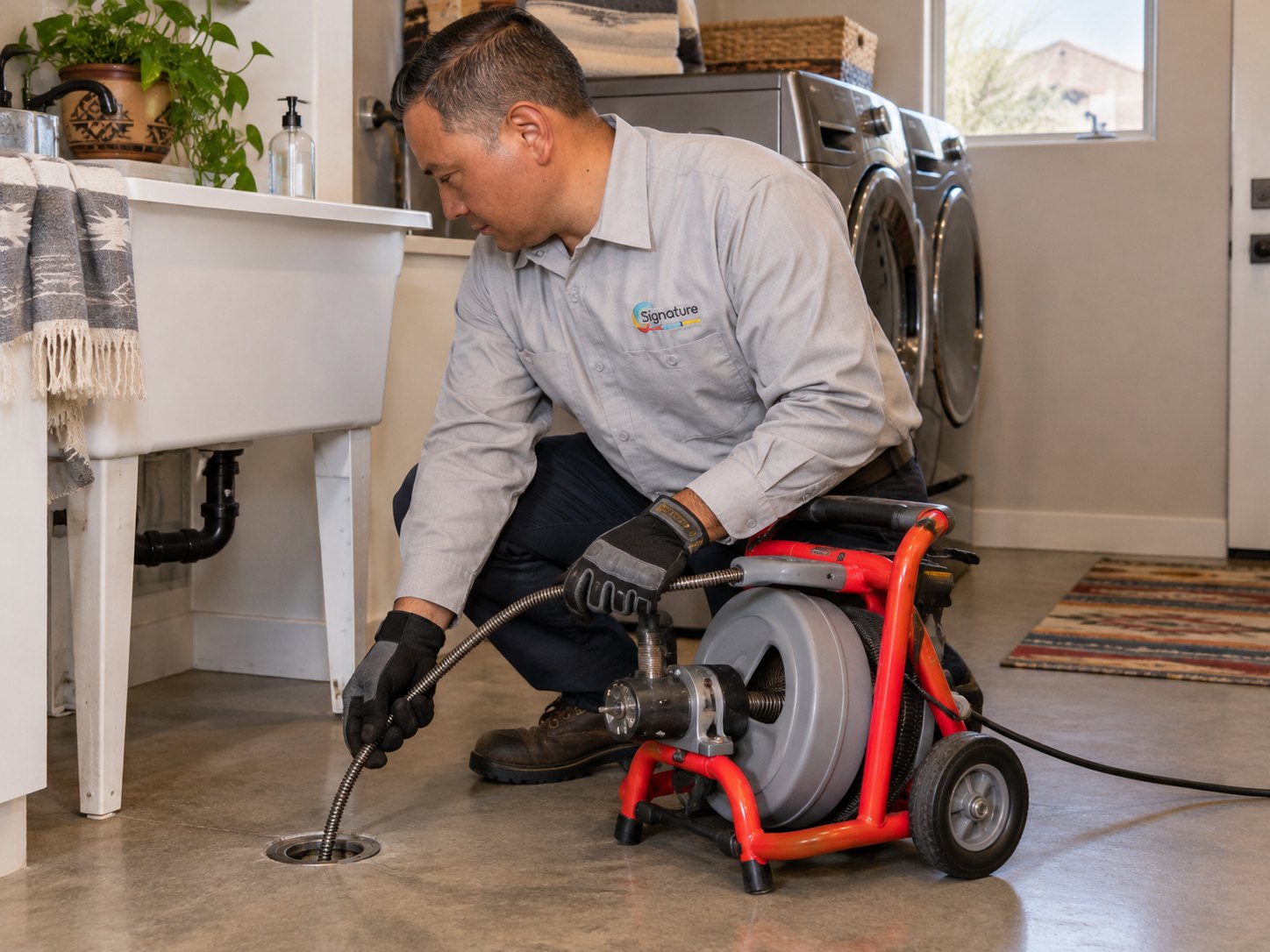 Signature plumber clearing a main drain line through a laundry room floor drain in a Rio Rancho home