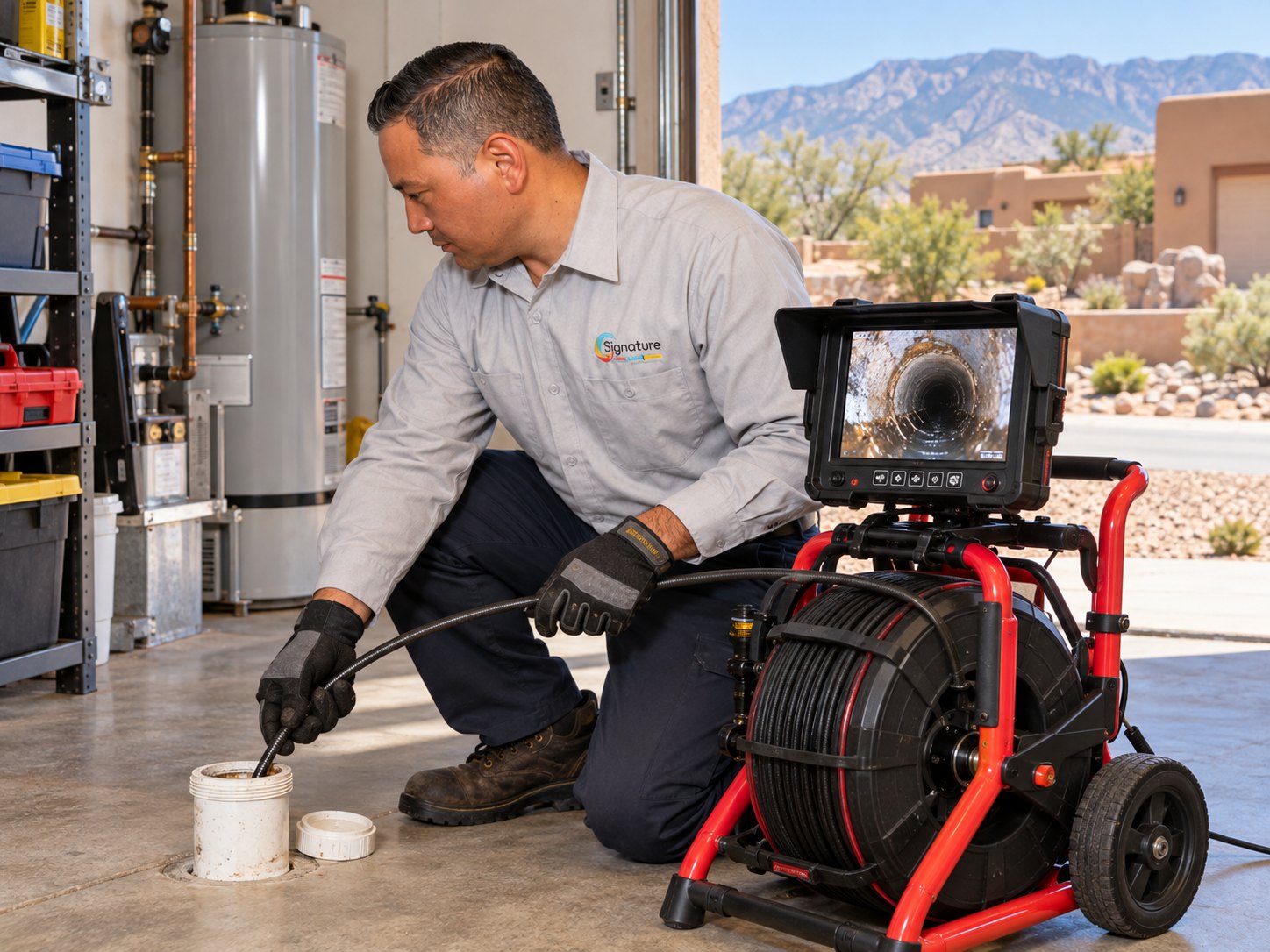 Signature plumber running a sewer camera inspection through a garage cleanout at a Rio Rancho home