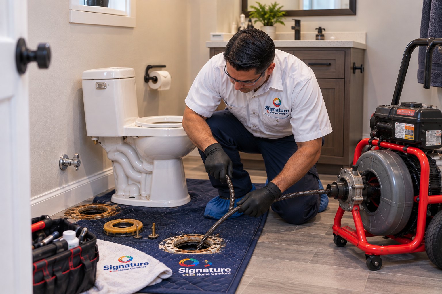 Signature plumber clearing a clogged toilet drain line with a drain cleaning machine in a Rio Rancho home